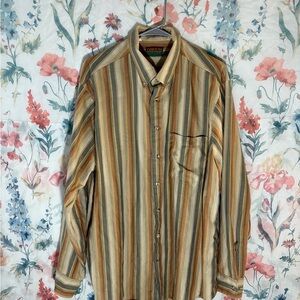 Vintage Oakton Brown and Tan Casual Button Down Shirt with Earthy Stripes